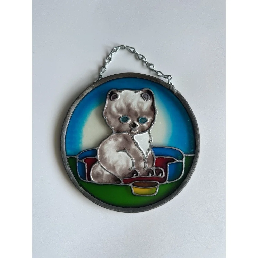 Vtg JOAN BAKER Designs Cat in Bed Stained Glass Hanging Suncatcher 6.25